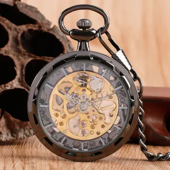Роскошные карманные часы с золотым склетоном, механические часы с ручным заводом, Черные прозрачные подвесные часы с цепочкой, рождественские подарки