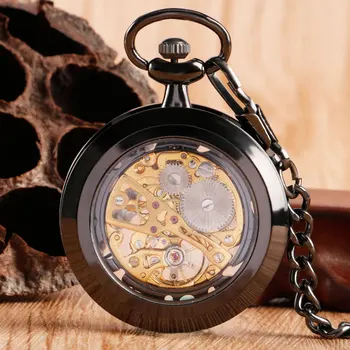 Роскошные карманные часы с золотым склетоном, механические часы с ручным заводом, Черные прозрачные подвесные часы с цепочкой, рождественские подарки Изображение 2