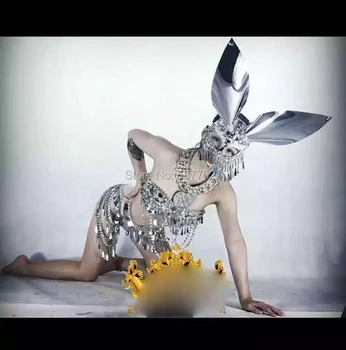 Серебряная полоска с зеркалом, маска кролика с большими ушами, одежда для танцев, женские сексуальные вечерние костюмы для девочек