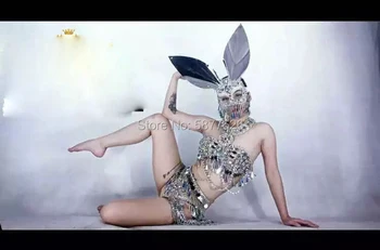 Серебряная полоска с зеркалом, маска кролика с большими ушами, одежда для танцев, женские сексуальные вечерние костюмы для девочек Изображение 2