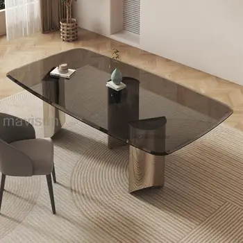 Современный минималистичный Обеденный стол из ясеневого стекла толщиной 12 мм, Столешница из нержавеющей стали, Дизайн центра мебели для дома, Прямоугольный стол Изображение 2