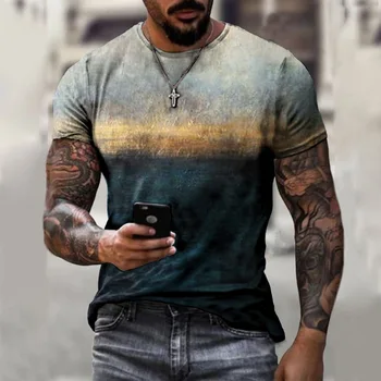 Винтажные мужские футболки с принтом в цветную полоску, модная футболка с круглым вырезом и коротким рукавом Оверсайз, Дышащая уличная одежда