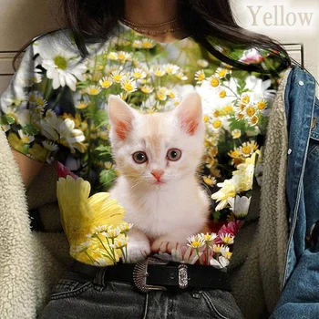 Новая женская футболка с 3D котом, топы с 3D животным принтом и круглым вырезом