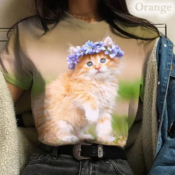 Новая женская футболка с 3D котом, топы с 3D животным принтом и круглым вырезом Изображение 2