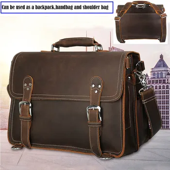 Многофункциональный винтажный кожаный мужской портфель для ноутбука, сумка для ПК с диагональю 15,6 дюйма, 3 вида использования, мужская сумка через плечо, большой рюкзак из натуральной кожи