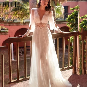 Свадебное платье из тюля JEHETH Illusion, Глубокий V-образный вырез, плиссированные пышные рукава, Свадебное платье в стиле Бохо с открытой спиной, vestidos de noiva