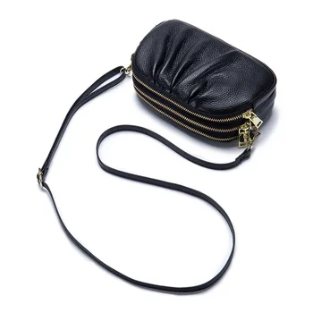 Женская сумка из натуральной кожи, сумка для телефона, простой верхний слой через плечо, трехслойная молния из воловьей кожи, плиссированная сумка на плечо Cloud Shell Изображение 2