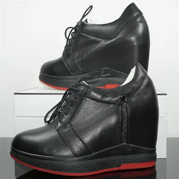 Модные кроссовки, женские туфли на танкетке из натуральной кожи на шнуровке, Вулканизированная обувь на высоком каблуке, Женские туфли-лодочки на платформе с круглым носком, повседневная обувь Изображение 2