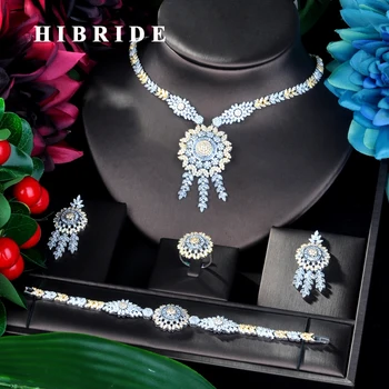 HIBRIDE Модный большой кулон, двухцветный браслет, ювелирный набор, Серьги, ожерелье, Женский свадебный ювелирный набор, подарки для вечеринки N-909