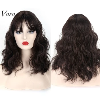 Синтетический парик VDFD с челкой Темно-коричневого Цвета, Натуральная Свободная Волна, Накладные Волосы, Вьющиеся из Термостойкого волокна для женщин Изображение 2