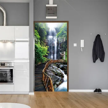 Наклейки на дверь с водопадом, ПВХ самоклеящиеся водонепроницаемые 3D обои с природным пейзажем для гостиной, наклейки на дверь спальни Изображение 2
