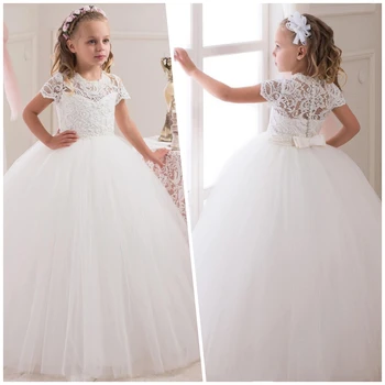 Детские простые платья Принцессы с коротким рукавом, Белое кружевное бальное платье, платья с цветочным узором для девочек на свадьбу, День рождения