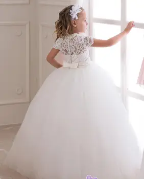 Детские простые платья Принцессы с коротким рукавом, Белое кружевное бальное платье, платья с цветочным узором для девочек на свадьбу, День рождения Изображение 2