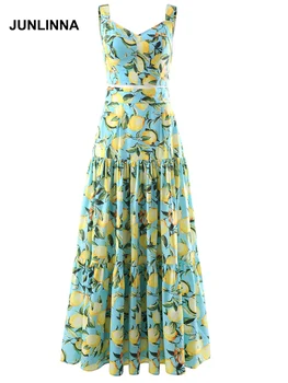 JUNLINNA, модные дизайнерские женские комплекты из двух предметов, короткий топ на бретельках + Праздничные юбки с принтом лимона, костюмы