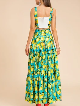 JUNLINNA, модные дизайнерские женские комплекты из двух предметов, короткий топ на бретельках + Праздничные юбки с принтом лимона, костюмы Изображение 2