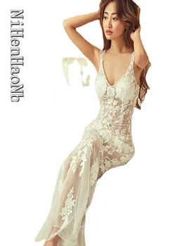 Кружевное свадебное платье Русалки с открытой спиной, V-образный вырез, длинные платья невесты без рукавов из тюля