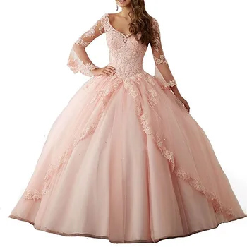 Розовые Кружевные свадебные платья Невесты, Роскошные Свадебные платья Принцессы с аппликацией Длиной до пола и длинным рукавом на спине