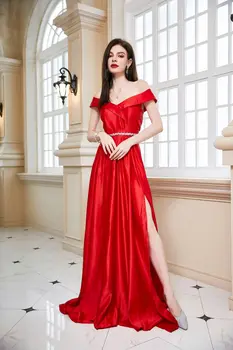 2023 Красные Атласные Платья Подружек Невесты для Женщин с Открытыми Плечами, Сексуальное Вечернее Платье для Выпускного Вечера, Винтажное Элегантное Вечернее Vestidos, Бальное Платье Изображение 2