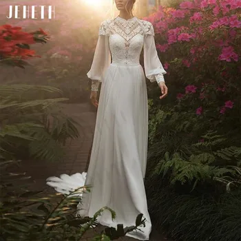 Свадебное платье JEHETH в стиле Бохо, Винтажное Шифоновое Свадебное платье с высоким воротом и длинным рукавом, Аппликация, Иллюзия Трапециевидной формы, Vestido De Casamento