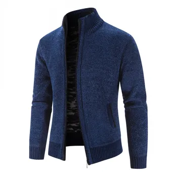 Осенне-зимний новый модный мужской свитер, теплое плюшевое утолщенное пальто с воротником-стойкой на молнии, однотонная вязаная одежда, мужской кардиган