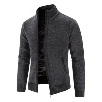 Осенне-зимний новый модный мужской свитер, теплое плюшевое утолщенное пальто с воротником-стойкой на молнии, однотонная вязаная одежда, мужской кардиган Изображение 2