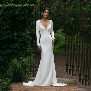 Свадебное платье Русалки с длинным рукавом 2022, V-образный вырез, Прозрачная иллюзия сзади, Белые Свадебные платья с кружевными аппликациями, Свадебные платья