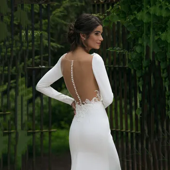 Свадебное платье Русалки с длинным рукавом 2022, V-образный вырез, Прозрачная иллюзия сзади, Белые Свадебные платья с кружевными аппликациями, Свадебные платья Изображение 2