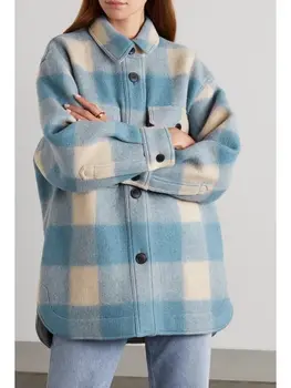 Новинка зимы 2023, женское шерстяное Однобортное пальто с отложным воротником и карманами, Модное повседневное простое пальто в клетку