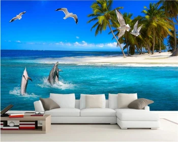beibehang Индивидуальные современные стильные обои papel de parede дельфин, играющий с водой кокосовая пальма чайка морской фон