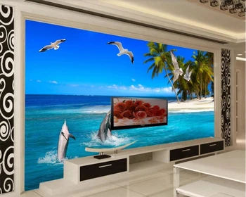 beibehang Индивидуальные современные стильные обои papel de parede дельфин, играющий с водой кокосовая пальма чайка морской фон Изображение 2