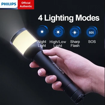 Philips Портативная лампа для кемпинга, фонарик 2 в 1, 4 режима освещения, USB C, Перезаряжаемые фонарики для самообороны, пеших прогулок, рыбалки
