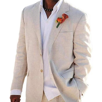 Бежевые льняные мужские костюмы для летней пляжной свадьбы, итальянский комплект пальто из 2 предметов, куртка с брюками, смокинги для жениха на заказ, мужская мода Изображение 2