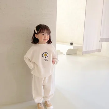Комплект детской одежды 2023, Весенний Новый Корейский домашний костюм, Повседневный костюм-двойка для девочек, пуловер с цветочным рисунком + брюки, костюм для мальчика