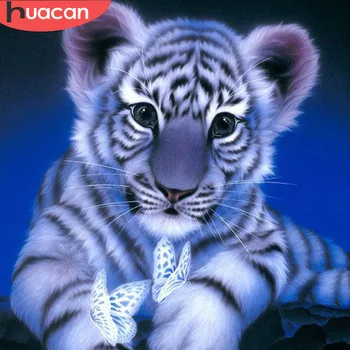 HUACAN Diamond Painting Вышивка Тигр и Бабочка Подарок ручной работы Полная Круглая Алмазная Мозаика Вышивка крестиком Подарок для домашнего Декора
