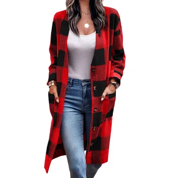 Женское пальто 2023, осенне-зимнее новое Свободное клетчатое пальто с принтом и карманами на пуговицах, кардиган, большая куртка для женщин Изображение 2
