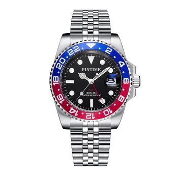 Мужские Роскошные Часы из Нержавеющей Стали 316L GMT Watch для Мужчин с Керамическим Безелем, Юбилейный Браслет, Японские Кварцевые Наручные Часы, Светящиеся