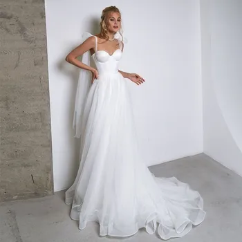2021 Современные Простые белые свадебные платья без рукавов с бретельками и бантом сзади, Свадебное платье для придворного поезда невесты в продаже