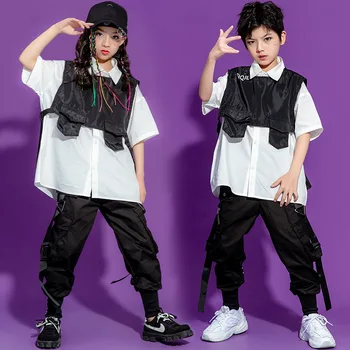 Детская одежда в стиле хип-хоп, Белая футболка большого размера, топ, куртка без рукавов, Уличная одежда, Тактические брюки-карго для девочек, танцевальный костюм для мальчиков