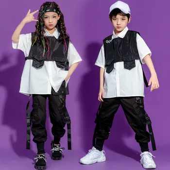 Детская одежда в стиле хип-хоп, Белая футболка большого размера, топ, куртка без рукавов, Уличная одежда, Тактические брюки-карго для девочек, танцевальный костюм для мальчиков Изображение 2