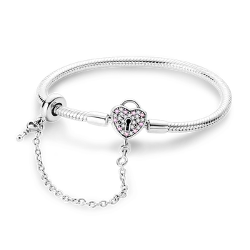100% стерлингового серебра 925 пробы, новая блестящая цепочка для ключей и замков в форме сердца, браслет Pandora, подходит для женских свадебных украшений