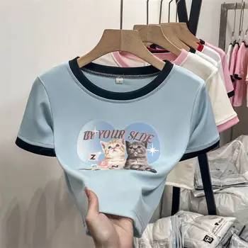 Летняя новая футболка с коротким рукавом Y2k Kawaii, укороченный топ, приталенные топы, Американские винтажные Женские футболки с круглым вырезом и принтом кота, графические футболки
