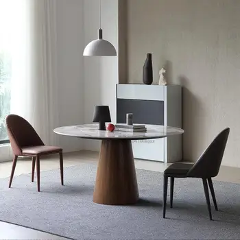 Современный минималистичный Мраморный Вращающийся стол Для маленькой квартиры, Практичный Круглый обеденный стол из массива дерева с поворотным столом для гостиной Изображение 2