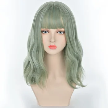 VICWIG Зеленый Синтетический средней длины кудрявый парик для косплея с челкой для белых/черных женщин, милые парики в стиле Лолиты для девочек Изображение 2
