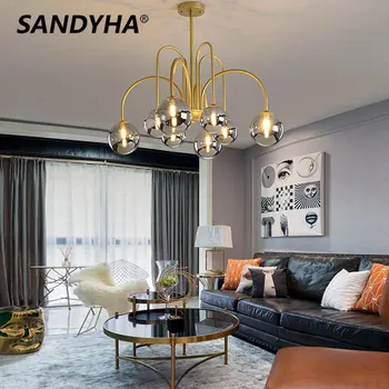 Стеклянная люстра SANDYHA, светодиодная люстра ручной работы, белый шар, изогнутый железный паук, молекулярный потолочный светильник, винтажные светильники для столовой