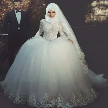 Винтажные кружевные мусульманские свадебные платья с длинным рукавом, тюлевые аппликации, Свадебные платья в Саудовской Аравии, Большие размеры, Vestido De Noiva