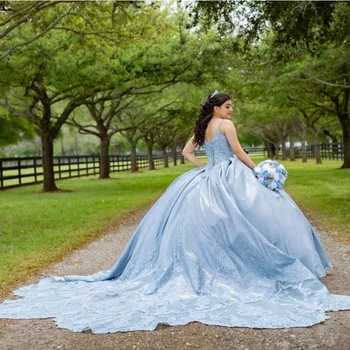 Небесно-голубые блестящие пышные платья с аппликацией из бисера и блесток, роскошное бальное платье на бретельках Vestidos De 15Años Изображение 2