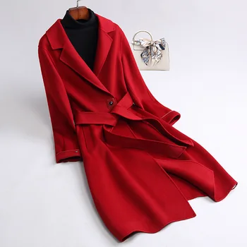 OC000245 # Осенне-зимнее кашемирово-шерстяное двустороннее пальто для женщин средней длины, прямое шерстяное пальто в китайском стиле с запахом Изображение 2