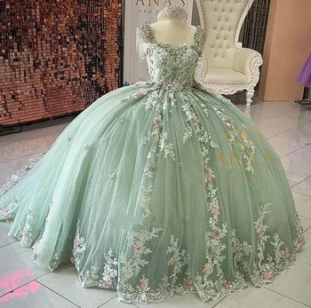 ANGELSBRIDEP Зеленое Пышное Платье Цвета Шалфея С 3D Цветочными Аппликациями, Расшитое Бисером, Корсет Sweet 15 Vestidos De Quinceañera, Сшитое На Заказ