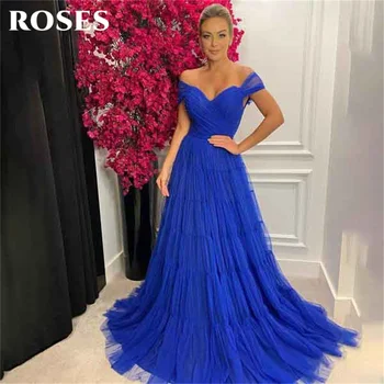 Платье для выпускного вечера из тюля с короткими рукавами, Королевские синие платья знаменитостей, женское вечернее платье со складками на шее 프롬 드레스