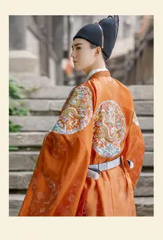 Мужское платье Hanfu с вышитым драконом династии Мин и круглым вырезом в стиле пары красного цвета может использоваться в качестве китайского свадебного платья для мужского банкета Изображение 2